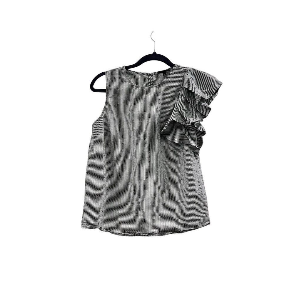 Who What Wear Women's Gray Striped Ruffle Seersucker Tank Top S